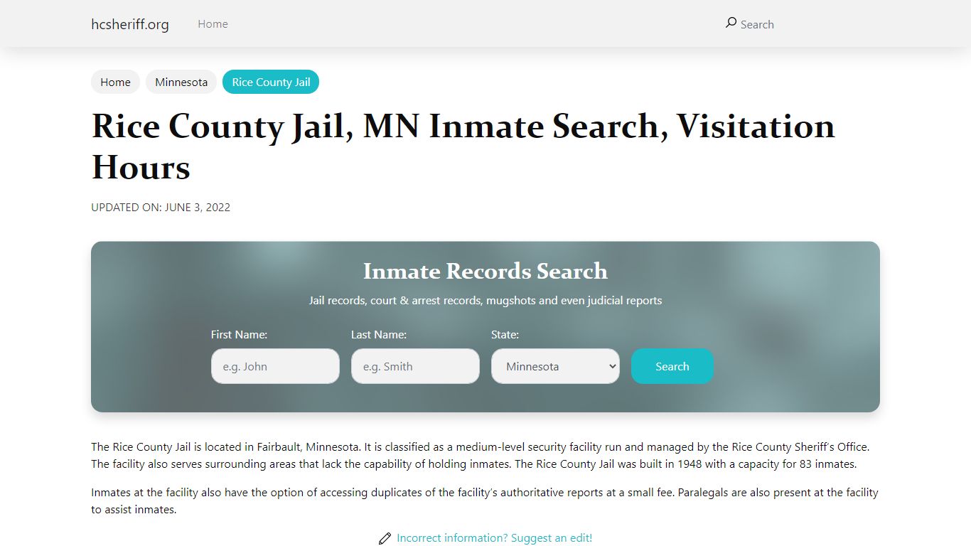 Rice County Jail, MN Inmate Search, Visitation Hours